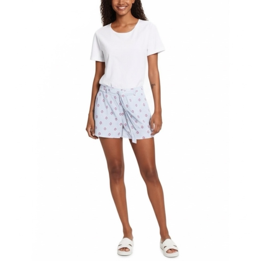 LOFT *MISSING BELT* Embroidered Floral Shorts Blue & White Stripes, Size L